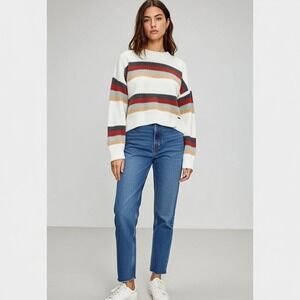 Hollister Beige White Maroon Knit Cropped Crop Sweater Women's Size Large